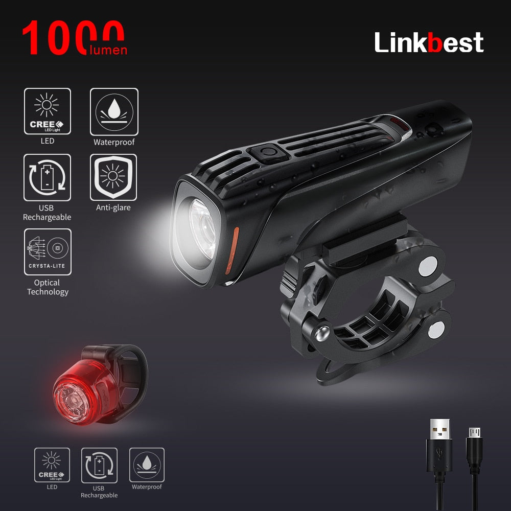 Linkbest 1000 lumens Bike Light Front Helmet Lamp USB Rechargeable LED 3400mAh Bicycle Light Headlight Bike Accessories