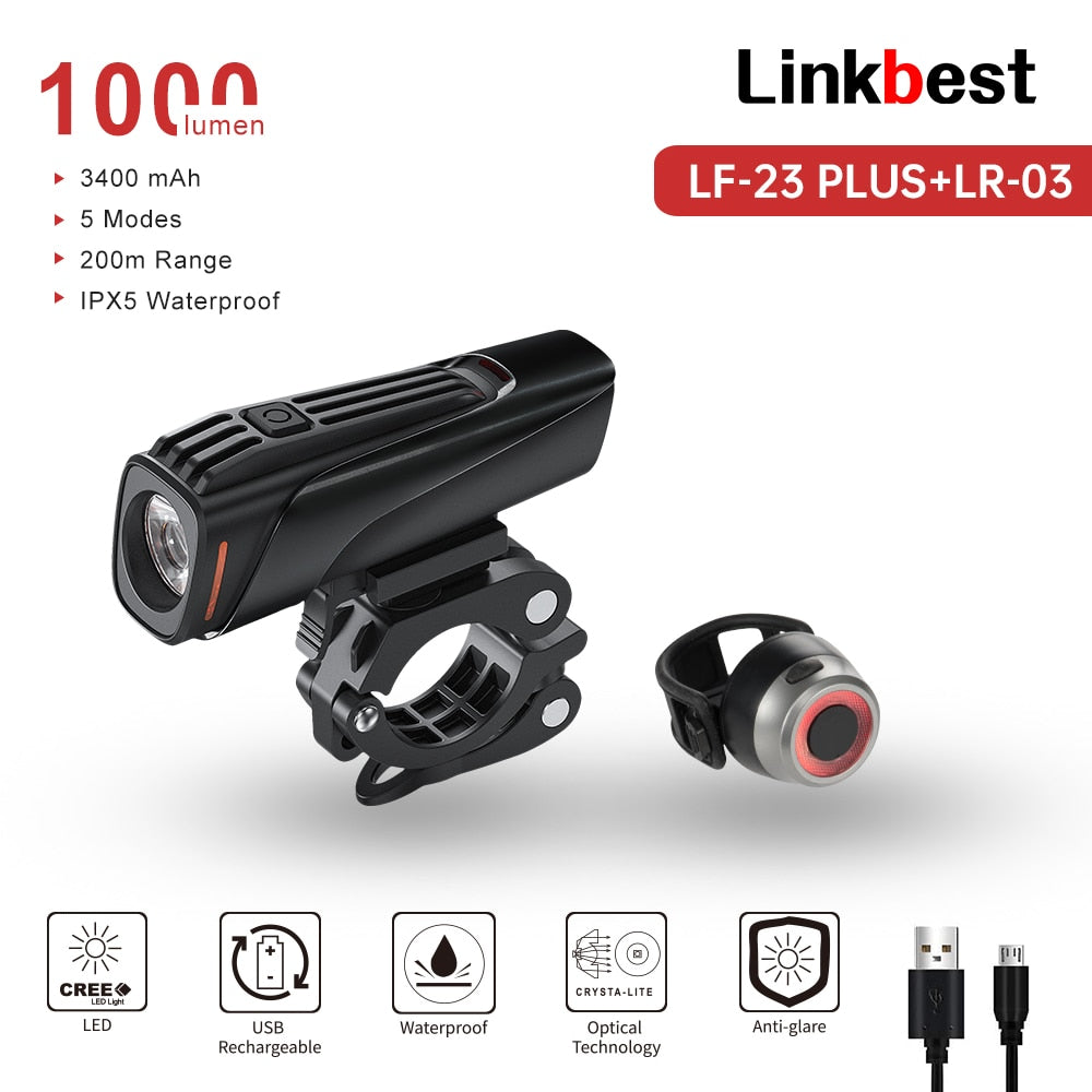 Linkbest 1000 lumens Bike Light Front Helmet Lamp USB Rechargeable LED 3400mAh Bicycle Light Headlight Bike Accessories