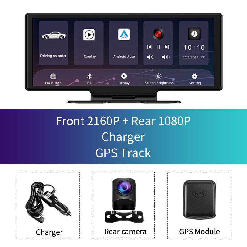 10.26&quot; Dash Cam Rearview Camera Wifi Carplay &amp; Android Auto 4K DVR GPS Navigation Video Recorder Dashboard Dual Len 24H Park AUX