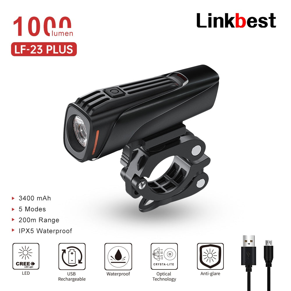 Linkbest 1000 lumens Bike Light Front Helmet Lamp USB Rechargeable LED 3400mAh Bicycle Light Headlight Bike Accessories